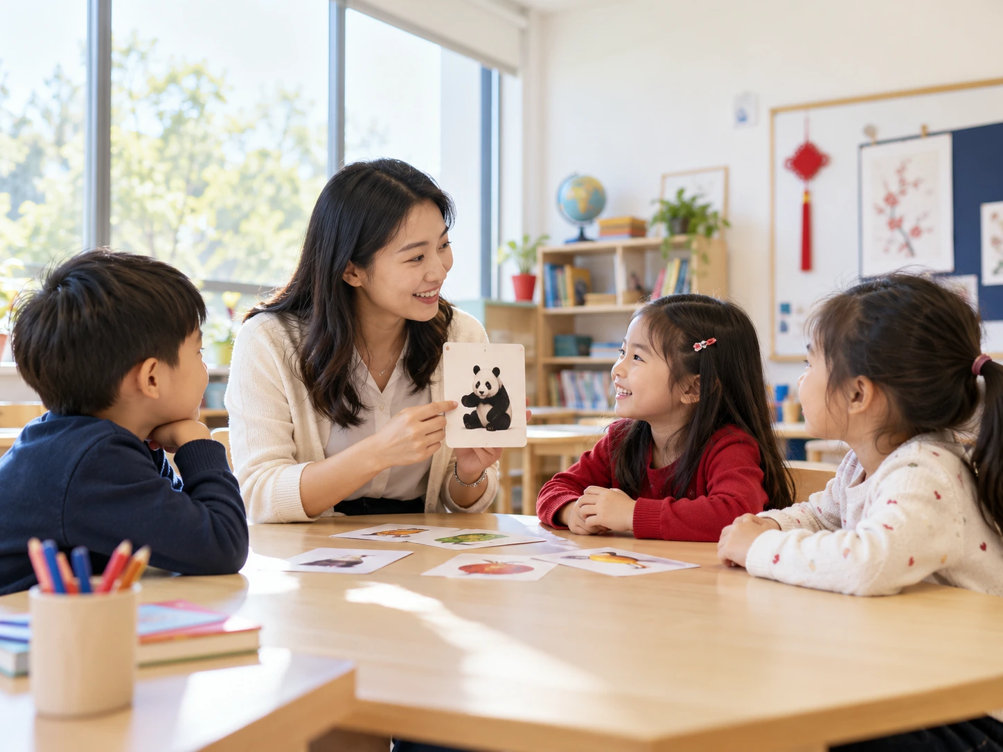 A teacher sharing Chinese learning materials with children