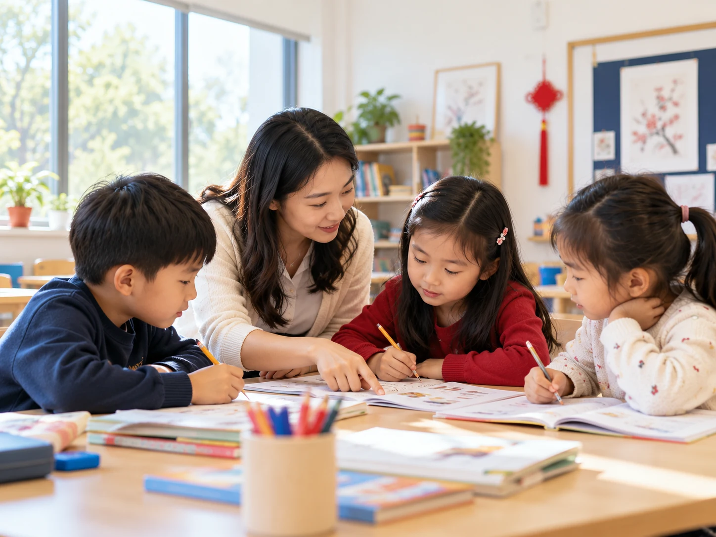 A teacher guiding children through a classroom activity