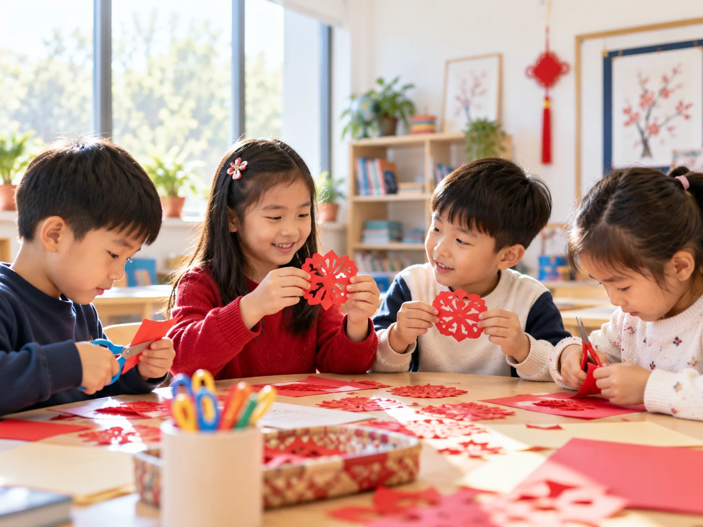 Children making Chinese paper-cutting crafts